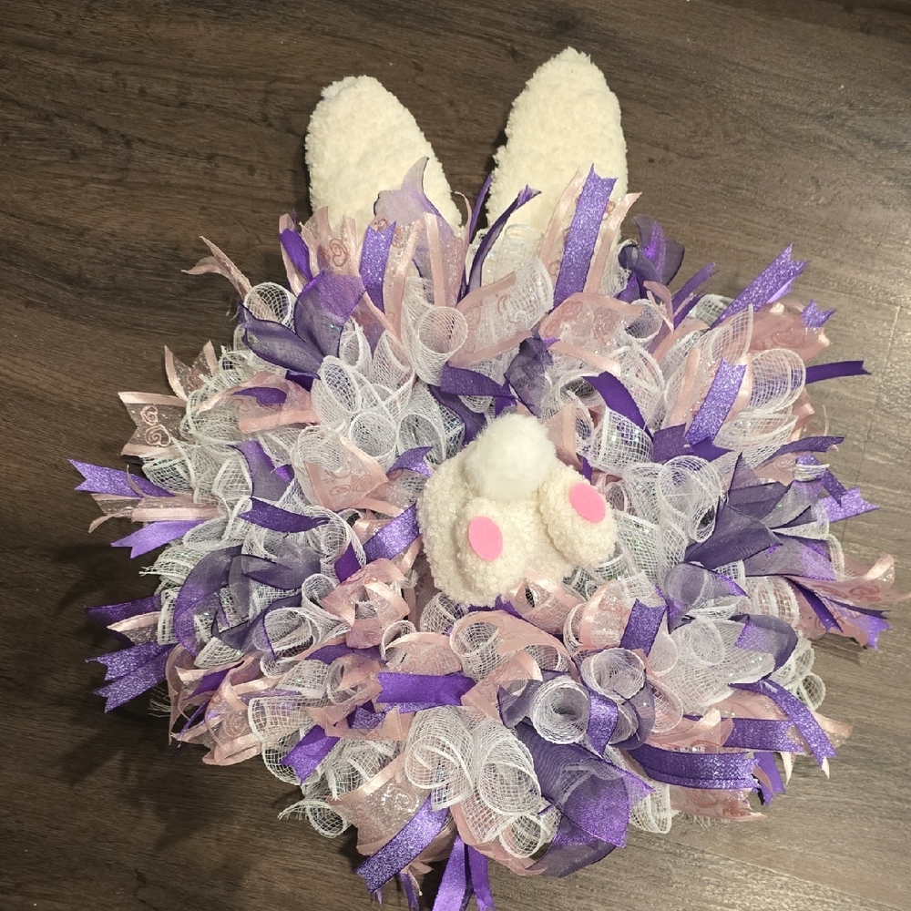 Purple and Pink Bunny Ear Decorative Wreath - Plush Spring Accent